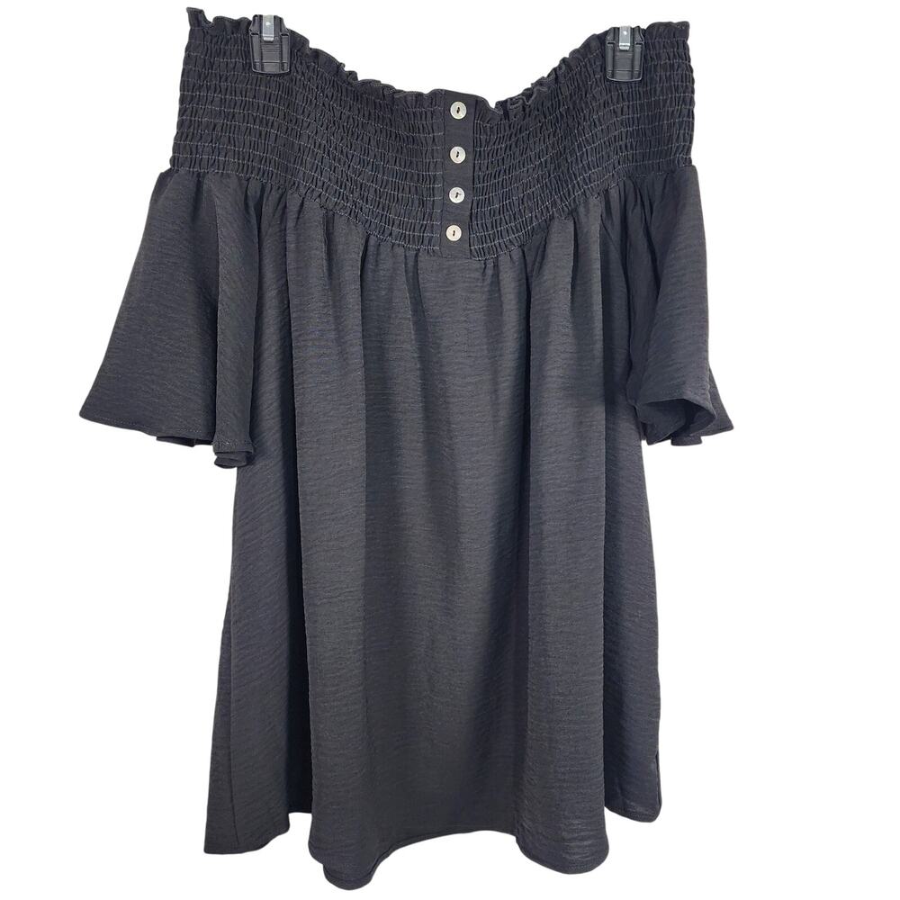 Adora Womens Smocked Off the Shoulder Tunic Top Black Size 1X Button Detail Boho